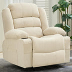 Large Recliner Chair for Adults Overstuffed Fabric Manual Pull Tab Recliner with Cup Holders, Side Pocket, 3-Position Recline, Minimalist Style Single Sofa Chair for Living Room Bedroom, Beige