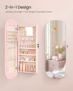 SONGMICS Jewelry Organizer, LED Jewelry Cabinet Wall/Door Mounted, Lockable Rounded Wide Mirror with Storage, Christmas Gift 3.9 x 16.5 x 42.5 Inches, Jelly Pink Surface with Cream White Lining