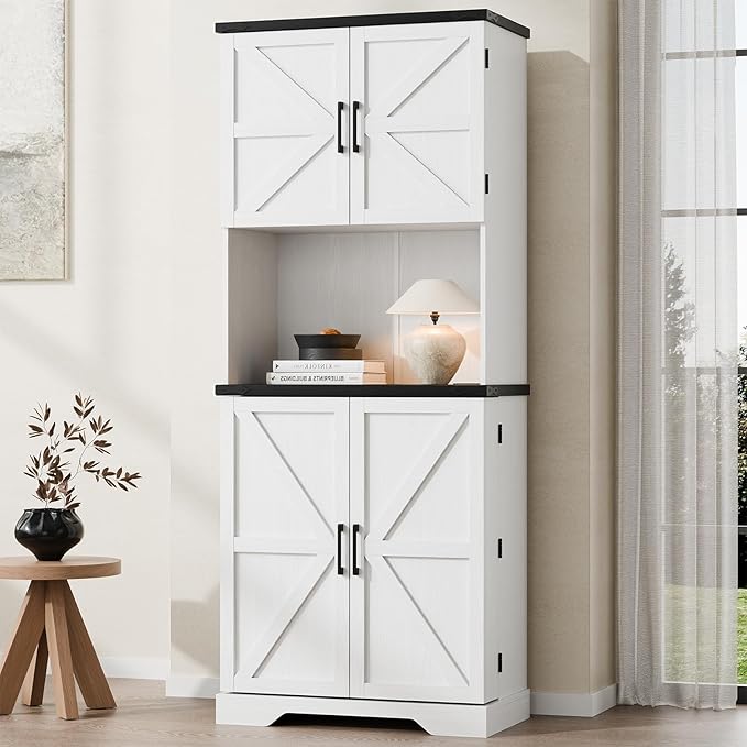 Cozy Castle 74" Farmhouse Pantry Cabinet with Charging Station, Tall Kitchen Storage Hutch Cabinet Coffee Bar Workstation, Sideboard Buffet Cupboard for Dining Room Living Room Furniture, White