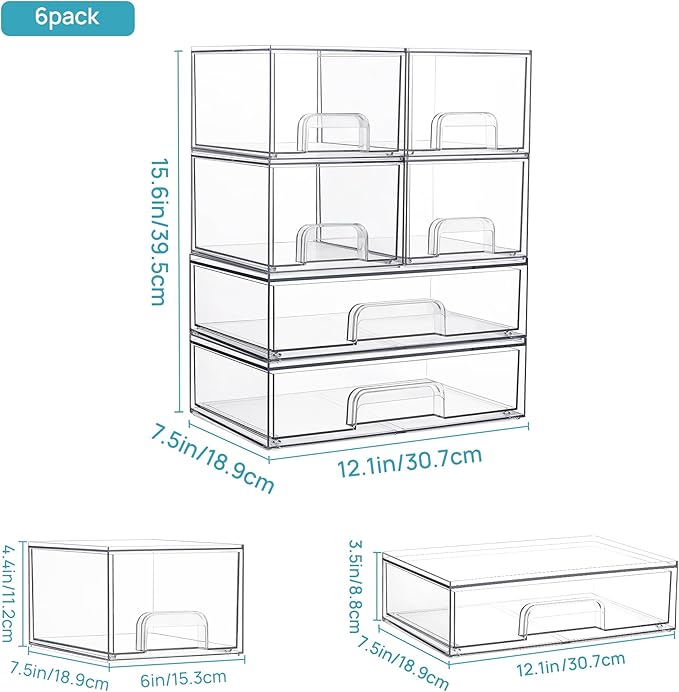 Vtopmart Stackable Storage Drawers Set of 6, Clear Plastic Organizer Bins for Bathroom Supplies,Ideal for Cabinet,Pantry,Laundry Room Organization