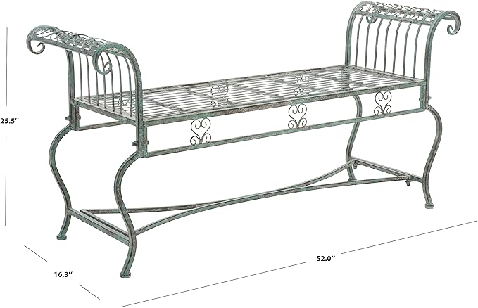 SAFAVIEH Outdoor Collection Brielle Victorian Scroll Antique Dark Green Wrought Iron Bench