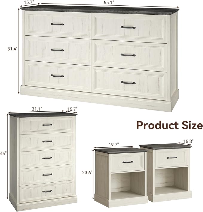 Farmhouse Dresser and Nightstand Sets, 4Pcs Bedroom Furniture Set, Nightstand Set of 2 & 55" Wide 6 Drawer and 44" Tall 5 Drawer Dresser with Large Drawers & Bar Handles, White