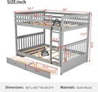 Merax Wood Bunk Bed with Drawers,Convertible Wood Bunk Bed with Ladders and Two Storage Drawers,Solid Wood Detachable Bed Frame with Ladders,Full Over Full,Grey