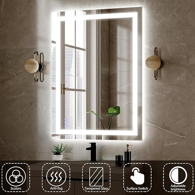 VooBang LED Wall Mounted Mirror with Lights, 40x30 inches Bathroom Mirror, Button to Adjust Lights, Three Lighting Modes, Tempered Glass with Anti-Fog Function, Suitable for Vanity and Bedroom, White