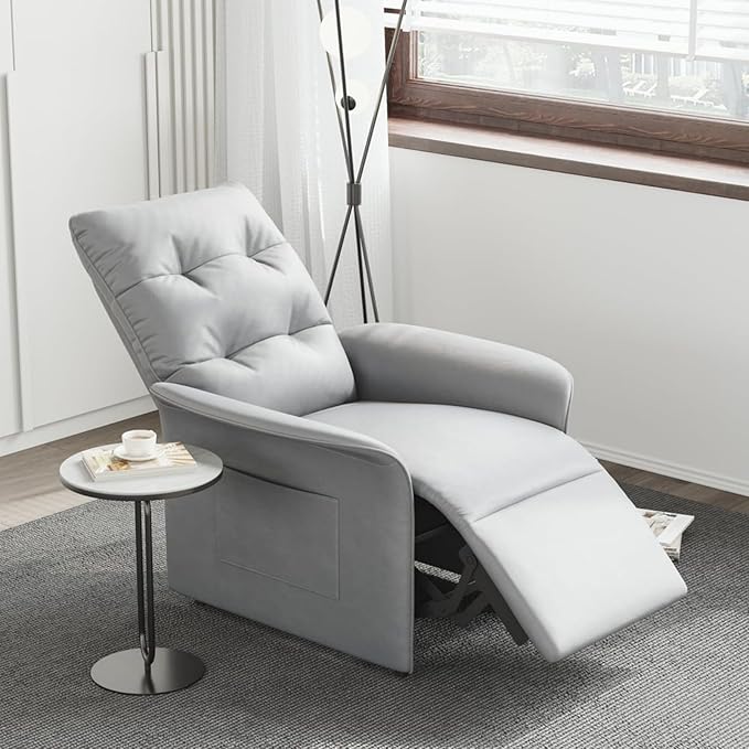 Power Recliner Accent Chair with Side Pocket High-Back 180° Recline Faux Leather Living Room Chairs, Comfy Chair for Bedroom Reading (Gray)