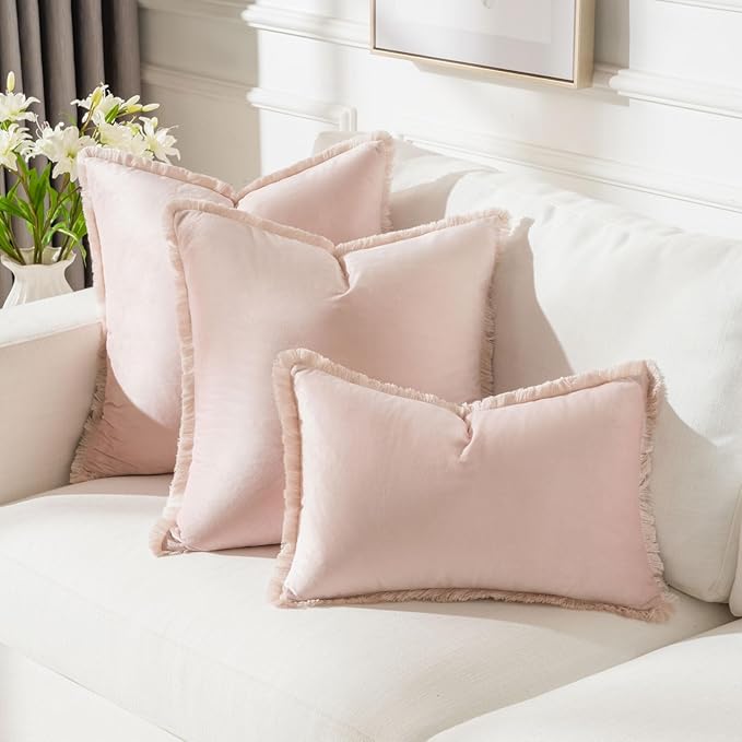 FUTEI Pink Velvet Decorative Throw Pillow Covers 12x20 Set of 2,Soft Cozy Edge with Tassels Lumbar Pillow Cases,Boho Modern Home Decor for Couch Bed Living Room
