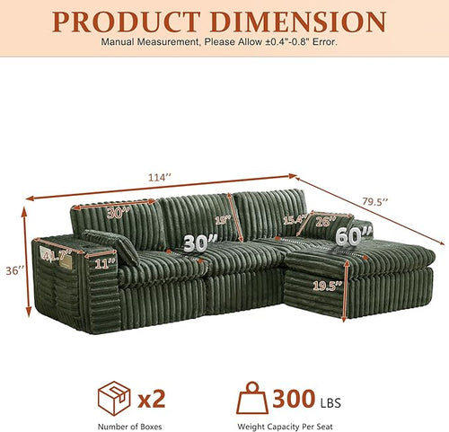 114" Cloud Boneless Sectional Couches for Living Room, Modular Sectional Sofa with Cup Holder, Cozy Fluffy L Shaped Deep Seat Boneless Couch with Storage Pocket, No Assembly Required, Green