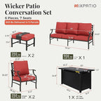 Patio Furniture Set, 6 Pcs Metal Outdoor Conversation Set, 2 Single Chairs, 2 Ottomans and 3 Seater Sofa with 5.75" Extra Thick Cushion and Gas Fire Pit Table, Red