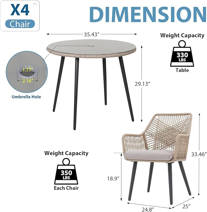 JOIVI 5 Pieces Outdoor Patio Dining Sets, Rattan Dining Chairs Set of 4 with Cushions, Outdoor Round Table with Tempered Glass Tabletop & 2.16”Umbrella Hole, Tan
