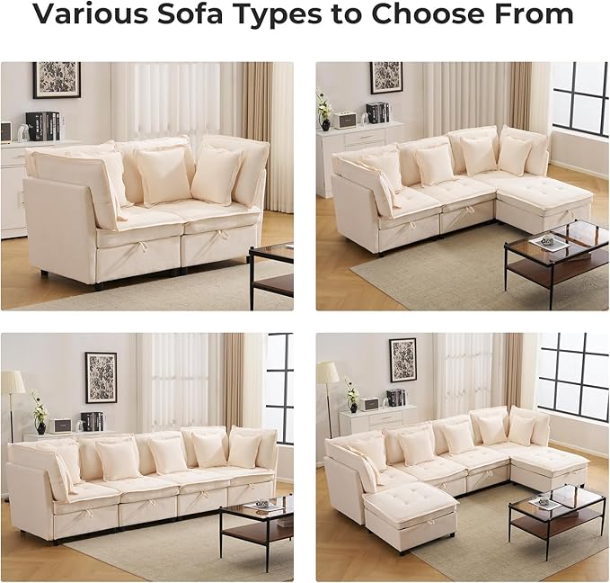 103" Modular Sectional Sofa, L-Shaped Corduroy Comfy Sectional Couches for Living Room, 3-Seater Cloud Couches with 1 Ottoman, Modern Deep Seat Sofa with Large Storage, Beige