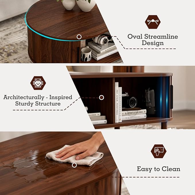 Coffee Table for Living Room, Modern Oval Coffee Table with Cabinets & Sliding Doors, Home Small Space, 47.2" Fluted Center Table, Walnut