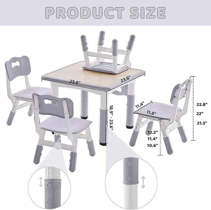 Kids Table and 4 Chairs Set, Height-Adjustable Toddler Table and Chairs Set with Graffiti Desktop, 23.6''L x 23.6''W Children Activity Table for Daycare, Classroom, Home