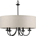 Progress Lighting Drum Shade Collection Five-Light Chandelier, Farmhouse Style Hanging Ceiling Light Fixture for Dining Rooms, Foyers, Harvest Linen Shade, Matte Black