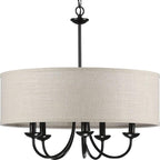 Progress Lighting Drum Shade Collection Five-Light Chandelier, Farmhouse Style Hanging Ceiling Light Fixture for Dining Rooms, Foyers, Harvest Linen Shade, Matte Black