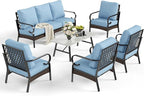 6 Piece Metal Outdoor Patio Furniture Sets, Patio Conversation Sets 1 3-Seater Sofa, 4 Single Sofa with 5.75" Extra Thick Cushion & Coffee Table, Black Frame Backyard Furniture, Blue