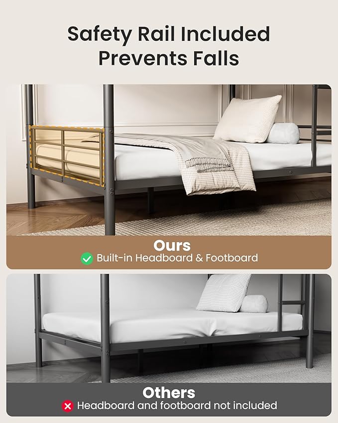 Full Over Full Bunk Bed, Convertible into 2 Full Beds, Heavy-Duty Metal Bed Frame with Safety Full-Length Guardrails & EVA Padded Ladder for Adults, Teens, Kids, No Box Spring Needed, Black