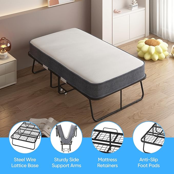 Mjkone Folding Bed with Mattress for Adults, Rollaway Bed with Mattress, Space Saving Fold Up Bed with Lockable Wheel, Sturdy Foldable Frame and Memory Foam for Bedroom/Guest (75" x 38")