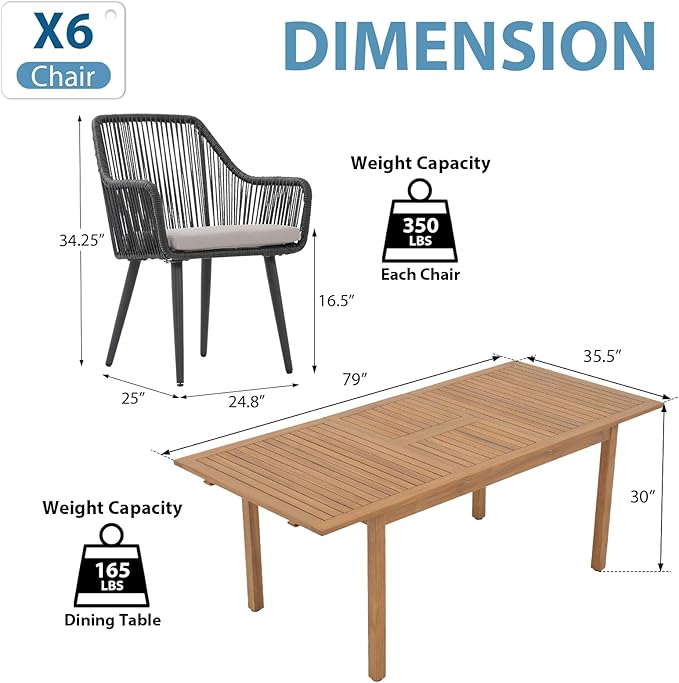 JOIVI Outdoor Dining Set for 6, 7 Pieces Patio Dining Table and Chairs Set, Rattan Rope Patio Outdoor Furniture Set with Wood Extendable Dining Table for Deck, Backyard, Indoor Dining Room, Black