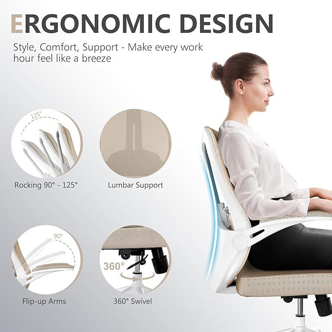 Office Chair, Ergonomic Comfort Home Desk Chair, Mid Back Gaming Chair with Wheels, Adjustable Height, Lumbar Support, Flip-up Armrest with 350LBS Capacity