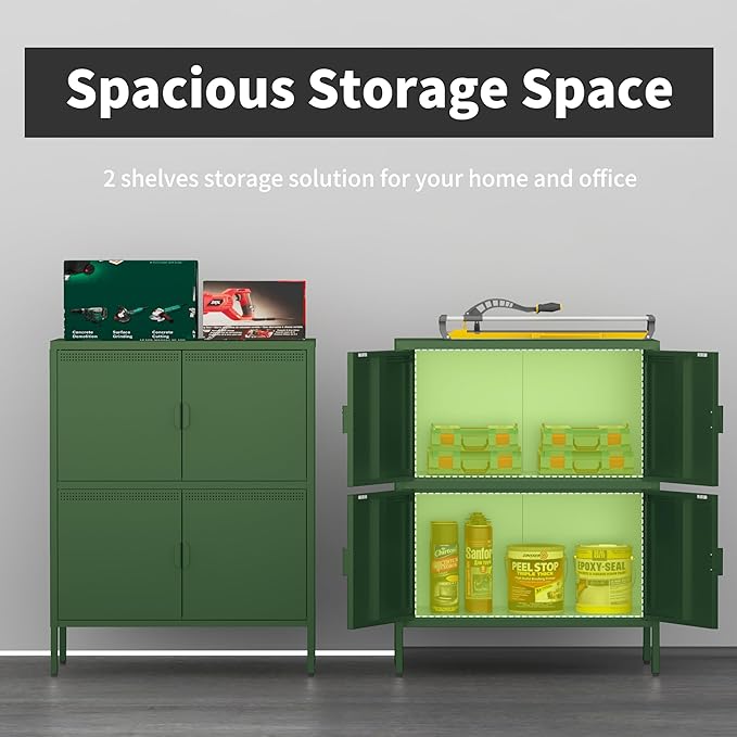 Green Metal Locker Cabinet with 4 Doors, Metal Accent Cabinets Home Office Storage Lockers Sideboard for Kitchen Living Room Hallway Entryway