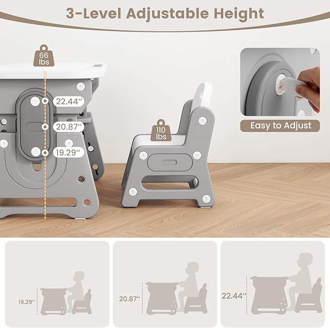 INFANS Kids Adjustable Table & Chair Set with Drawing Board for 3+, Toddler Activity Desk for Drawing with Storage Shelf, Non-Slip Pads, Watercolor Pens & Eraser, Indoor Art/Study Furniture (Grey)
