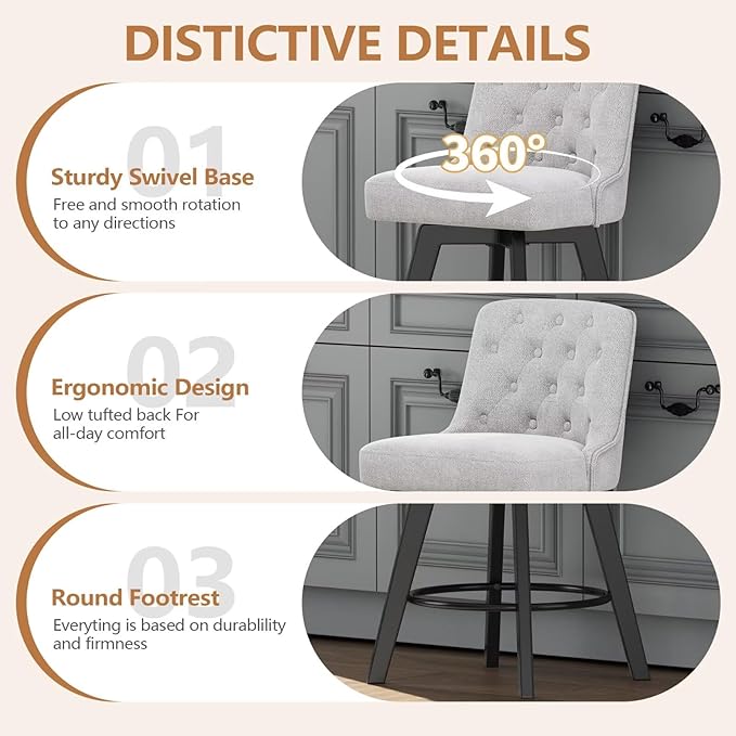 MINCETA Bar Stools Set of 2, 26 Inch Upholstered Barstools with Low Tufted Back and Footrest, Swivel Counter Height Barstools for Kitchen Island Home Bar Performance Fabric Greige