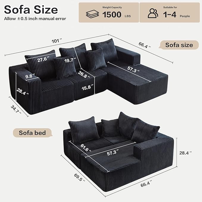 101" Boneless Couches for Living Room, Cloud Couch Sectional with Oversized Chaise, Modular Sectional Sofa Memory Foam Couch in a Box, Fluffy Corduroy Sofa for Living Room (Black)