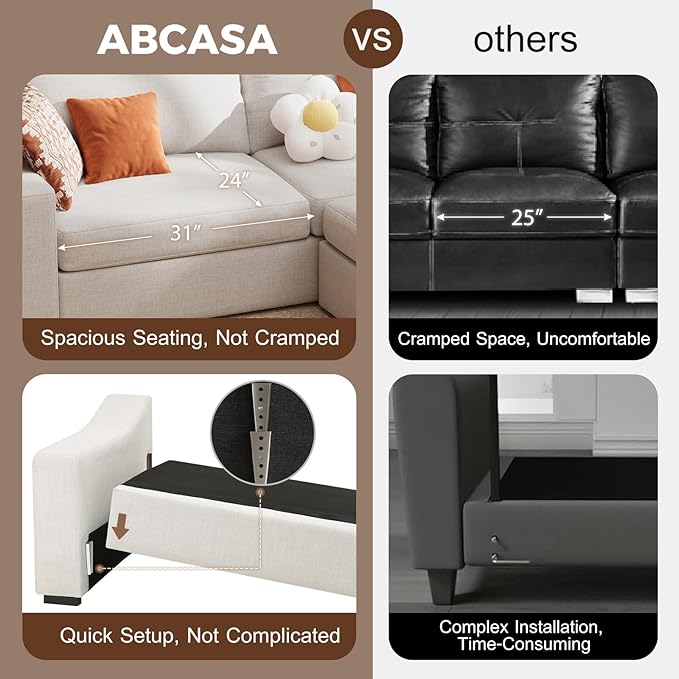 ABCASA U Shaped Sectional Sofa with Detachable Cover, Modular Couch for Living Room, Breathable Linen Fabric Corner Couch with 11 Seats, Ivory