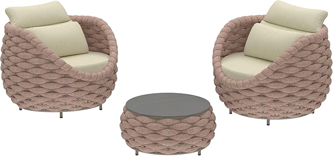 3 Pieces Porch Furniture Set: Aluminum Patio Conversation Sofa Set - Assembled Couch Armchair Table Set Cushioned - Hand Woven Rope Chair Set 400 LBS All Weather for Indoor Deck Balcony Hotel