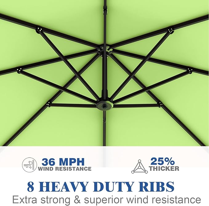 7 Piece Patio Dining Set with 11ft Patio Umbrella (Apple Green), 7 Gray Outdoor HDPE Dining Set with 6 Chairs + 1 Large Table, for Market, Pool, Garden, Backyard, Deck