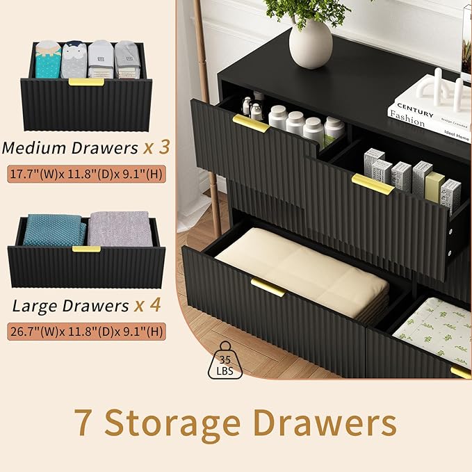 3-Piece Modern Bedroom Furniture Set, Wide 7-Drawer Dresser & 1-Drawer Nightstands Set of 2, Natural Wood Dresser and Nightstand Sets for Bedroom, Hallway, Black