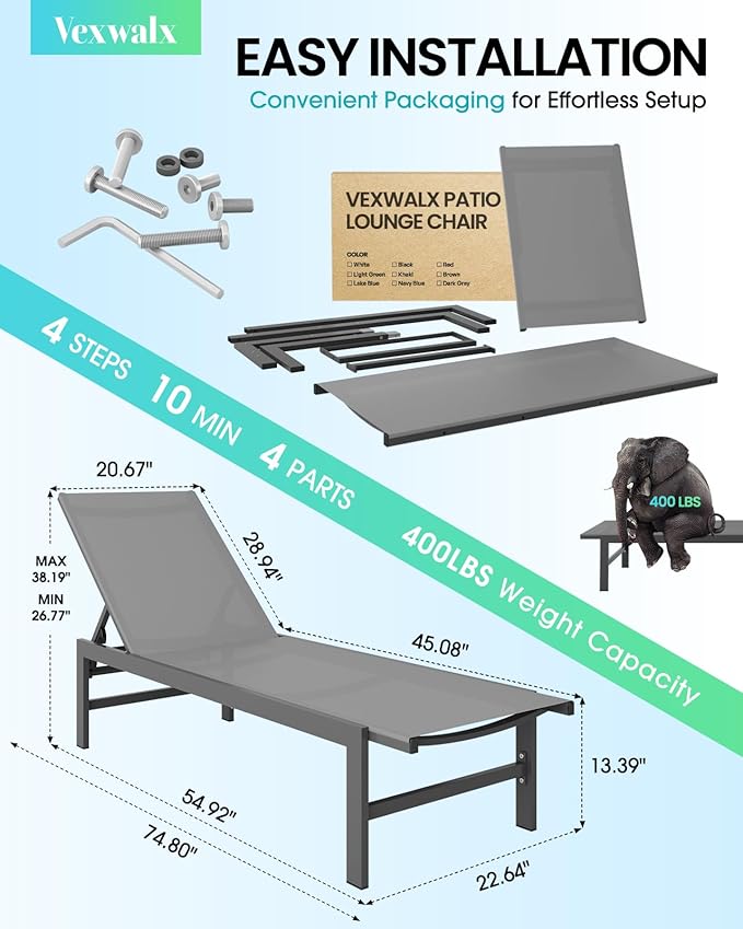 Outdoor Lounge Chairs for Pool, Aluminum Chaise Lounge Chairs with 5-Position Recliner, Patio Lounge Chair for Backyard, Poolside, Deck, Lawn