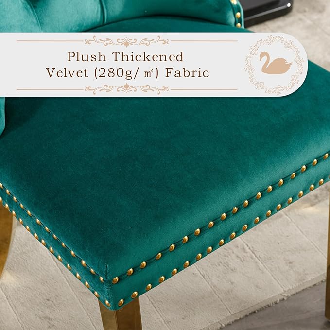 Velvet Upholstered Dining Chairs Set of 4, Modern Style Kitchen Side Chairs with Nailhead Trim and Gold Plated Leg, Metal Pulling Ring for Dining Room Living Room(Green,Set of 4)