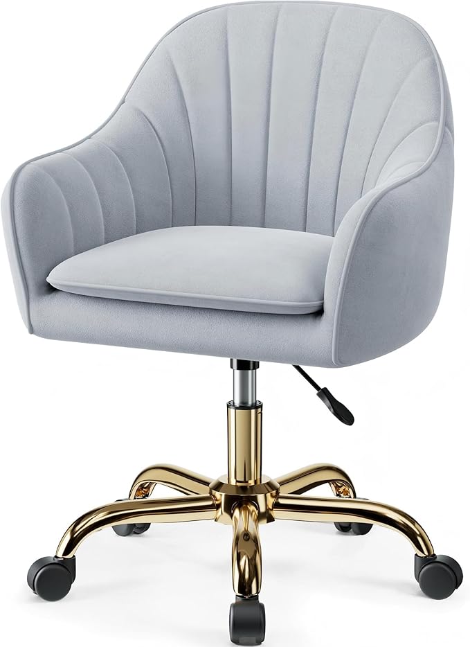 Comfy Home Office Desk Chairs Vanity Chair with Wheels Adjustable Modern Velvet Makeup Vanity Chairs for Bedroom Living Room（Grey）