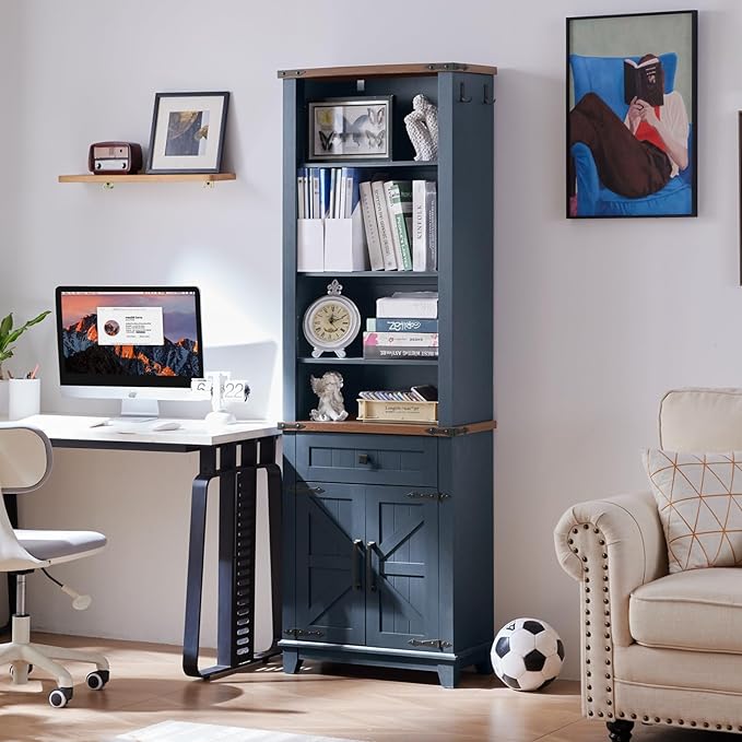 72in Tall Bookshelf 7 Tier Bookcase with Drawer and Barn Doors and Adjustable Shelves, Blue Farmhouse Book Shelf with Storage Cabinet, Wood Freestanding Display Bookshelves for Kitchen (3PCS)