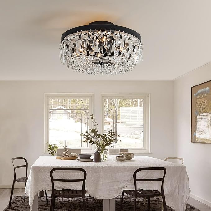 Veronie Crystal Ceiling Light Fixture, 4-Light Modern Semi Flush Mount Ceiling Light, Black Lighting Fixtures Lamp for Hallway, Kitchen, Entryway, Bedroom, Laundry Room