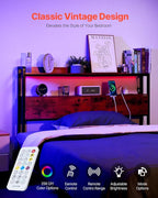 VEVOR Headboard for Full Size Bed, Adjustable Height Headboard with 2 Shelves Storage, Freestanding Head Board with Charging Station and LED Light for Different Bed Frames, Easy Assembly, Brown