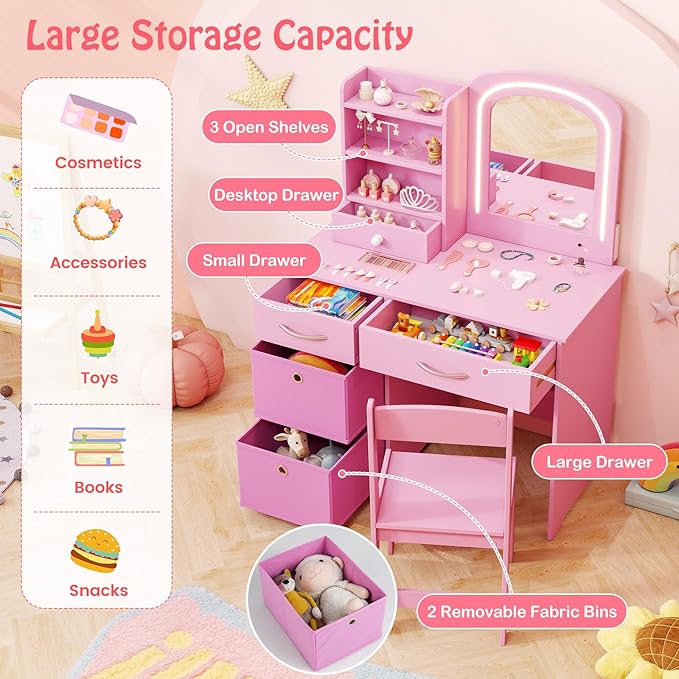 HONEY JOY Kids Vanity, Little Girls Vanity Set with Mirror and Stool and Lights, Wooden Princess Makeup Dressing Table, Storage Box & Shelf, Pretend Play Kids Vanity Table and Chair Set(Pink)