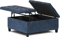 SIMPLIHOME Harrison 36 inch Wide Transitional Square Coffee Table Storage Ottoman in Denim Blue Vegan Faux Leather, Assembled, For the Living Room and Bedroom