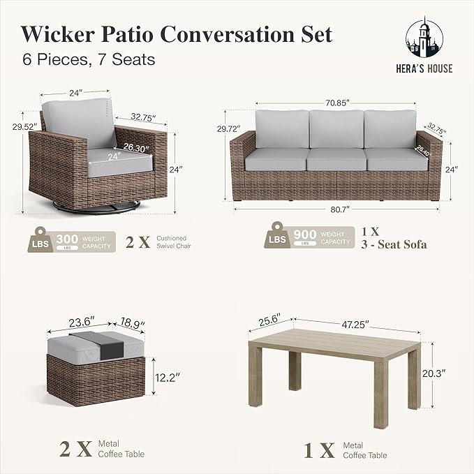 HERA'S HOUSE Swivel Glider Patio Furiture Conversation Set with 4.92" Wide Armrests, Outdoor Wicker Furniture with 5.5" Waterproof Cushions, 6 Pieces Outside Sofa Set for Deck Lawn, Light Grey