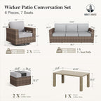 HERA'S HOUSE Swivel Glider Patio Furiture Conversation Set with 4.92" Wide Armrests, Outdoor Wicker Furniture with 5.5" Waterproof Cushions, 6 Pieces Outside Sofa Set for Deck Lawn, Light Grey