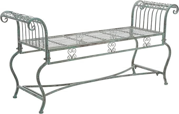 SAFAVIEH Outdoor Collection Brielle Victorian Scroll Antique Dark Green Wrought Iron Bench