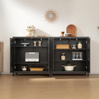 SICOTAS Sideboard Buffet Storage Cabinet - Boho Rattan Credenza Coffee Bar Cabinet with Large Storage, Farmhouse Console Buffet Table for Kitchen Living Room Entryway - 2 Black Pieces