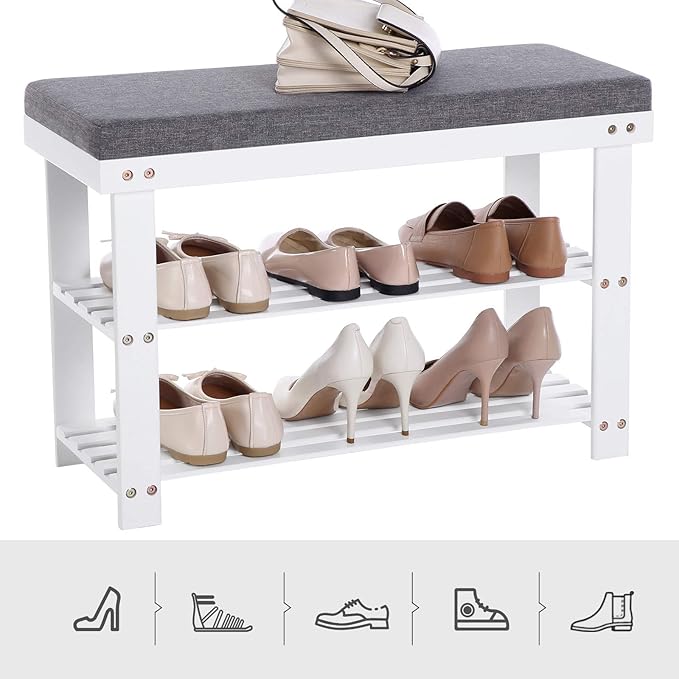 SONGMICS Bamboo Shoe Bench, 3-Tier Shoe Rack Organizer for Entryway, Living Room, Bench Seat Holds Up to 300 lb, 11.9 x 28.3 x 19.2 Inches, Cloud White and Slate Gray ULBS604W01
