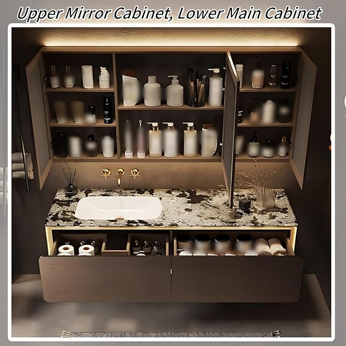72IN Bathroom Vanity Set with a Single Sink - Embedded Sensor Light Strip & Large Capacity Floating Cabinet | Modern Bathroom Vanities with Defogging Mirror Surface & LED Lighting (Mirror)