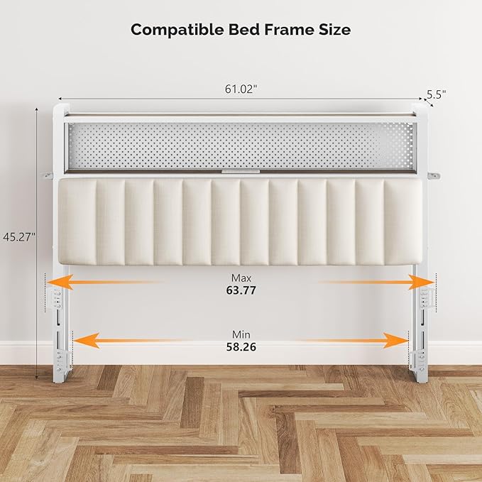 VINGLI Queen Size Headboard Only, Adjustable Upholstered Headboard with 2 Tier Shelves and Pegboard with Charging Stations and LED Lights, Modern Bed Headboard with Storage for Bedroom Decor