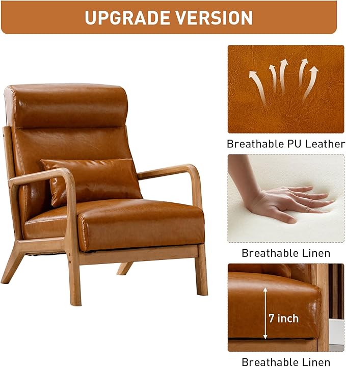 ANJHOME Mid Century Modern Accent Chair with High Back, Single Lounge Armchair with Solid Wood Frame, Comfy Reading Chair for Living Room, Easy Assembly