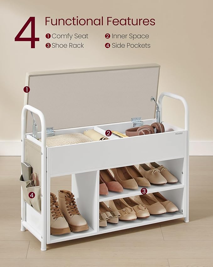 VASAGLE Shoe Bench, Shoe Rack, Entryway Furniture, Inner Storage Under The Lid, PU Pockets, Convenient Handles, for Entryway, Living Room, Bedroom, Cloud White and Cuppuccino Beige ULSB052W01