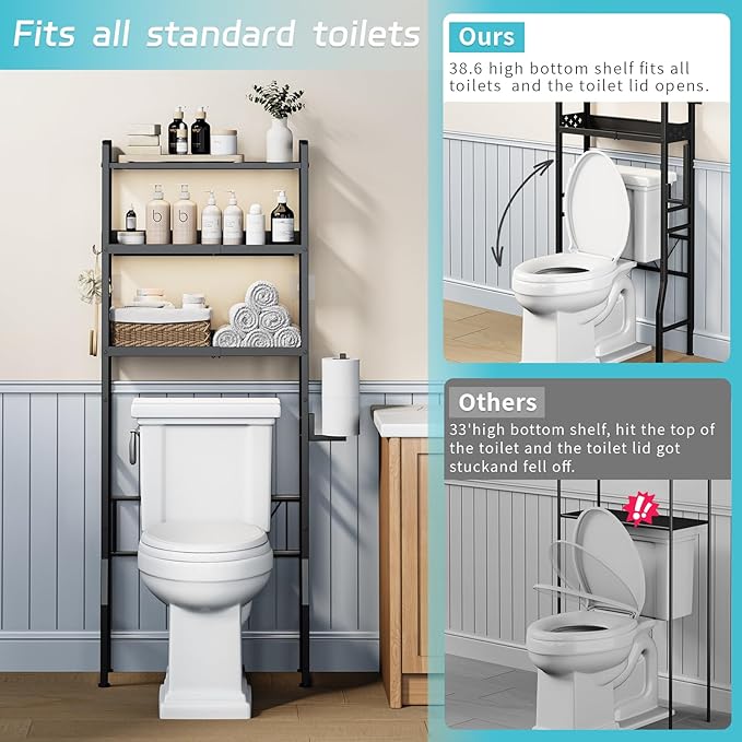 Over The Toilet Storage, 3-Tier Metal Over Toilet Bathroom Organizer Shelf with Adjustable Shelf with Toilet Paper Holder & Hooks Black