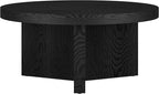 Henn&Hart 32" Fluted Round Low-Profile Coffee Table with Ribbed Pedestal Base for Living Room, Family Room, Office, or Apartment, Black Grain